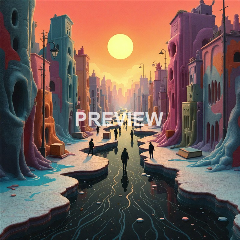 A surreal cityscape with colorful, skull-shaped buildings lining a canal under a setting sun, with people walking along the water and the sky painted in warm hues.